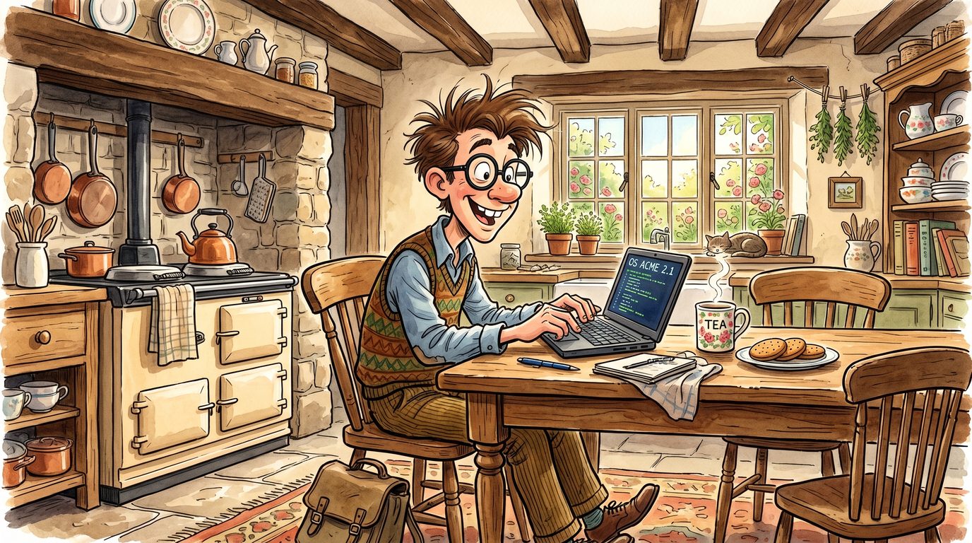 Illustration of someone working happily on a laptop at a cottage kitchen table, with a pot of tea, biscuits and a sleeping cat.