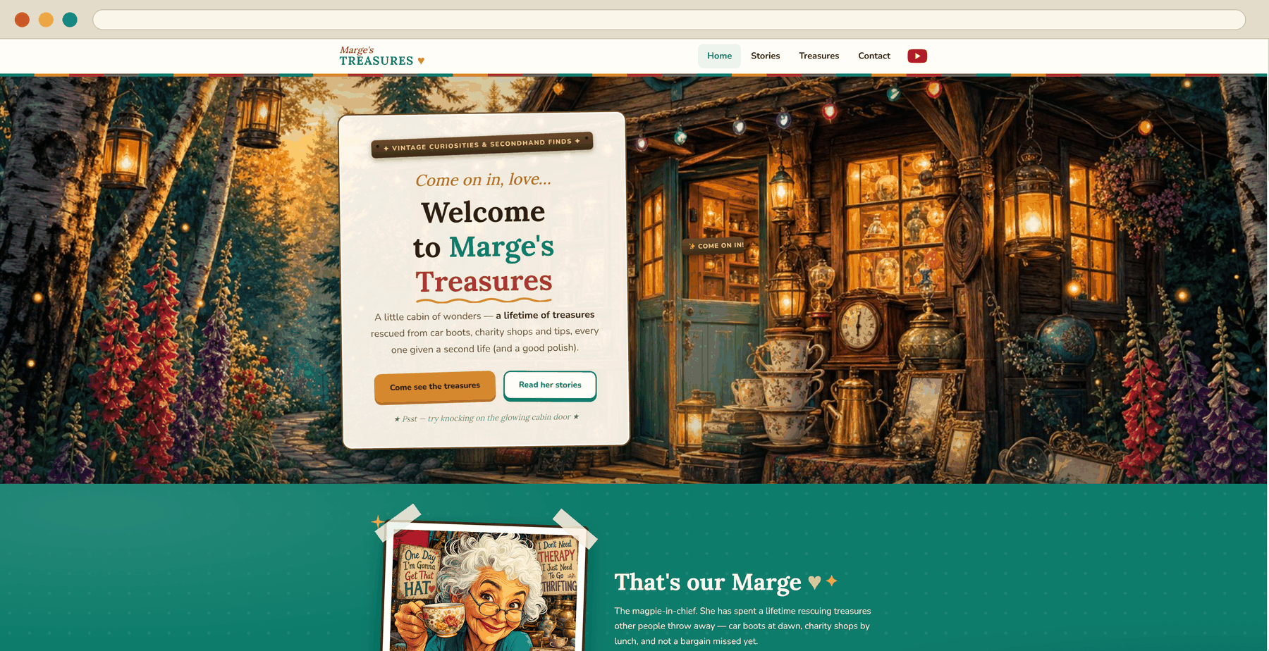Marge’s Treasures homepage — an illustrated storybook cabin in the woods, with a welcome panel and glowing shopfront