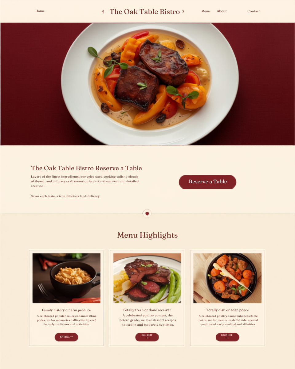 The Oak Table Bistro — sample restaurant website homepage design
